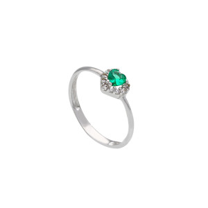 Anello Giovane Amore Gioielli Valenza Mazzoni in Oro Bianco con Zircone Bianco e Cuore Verde
