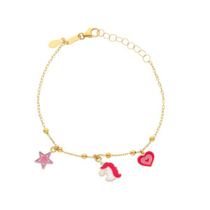Bracciale Baby in oro con charms, stella, unicorno e cuore in smalto piatto