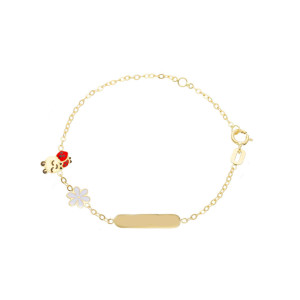Bracciale Baby con targa in oro con coccinella  e fiorellino smaltati