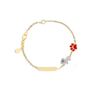Bracciale Baby con targa in oro con cagnolino e zampa smaltati