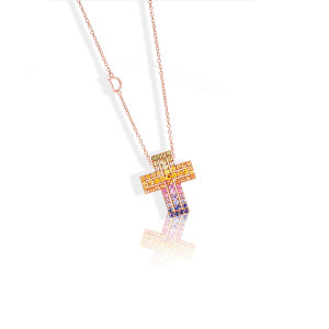 Collana con croce Belle Epoque in oro rosa con zaffiri rainbow