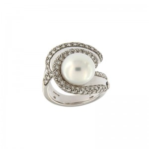 Anello Damiani in oro bianco con perla bianca e diamanti Ct. 080