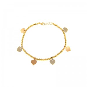 Bracciale Charm Gioielli Valenza Mazzoni con catena a palline in oro giallo con sei charms a forma di cuore alternati in oro rosa e bianco