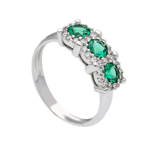 Anello Giovane Amore Gioielli Valenza Mazzoni in Oro Bianco con Trilogi di Zirconi Verdi