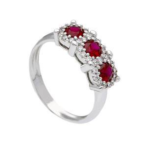 Anello Giovane Amore Gioielli Valenza Mazzoni in Oro Bianco con Trilogi di Zirconi Rossi