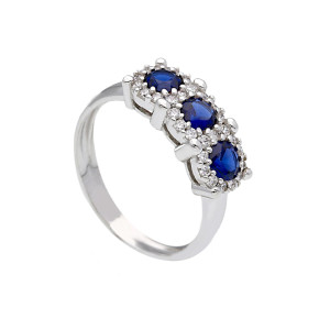 Anello Giovane Amore Gioielli Valenza Mazzoni in Oro Bianco con Trilogi di Zirconi Blu